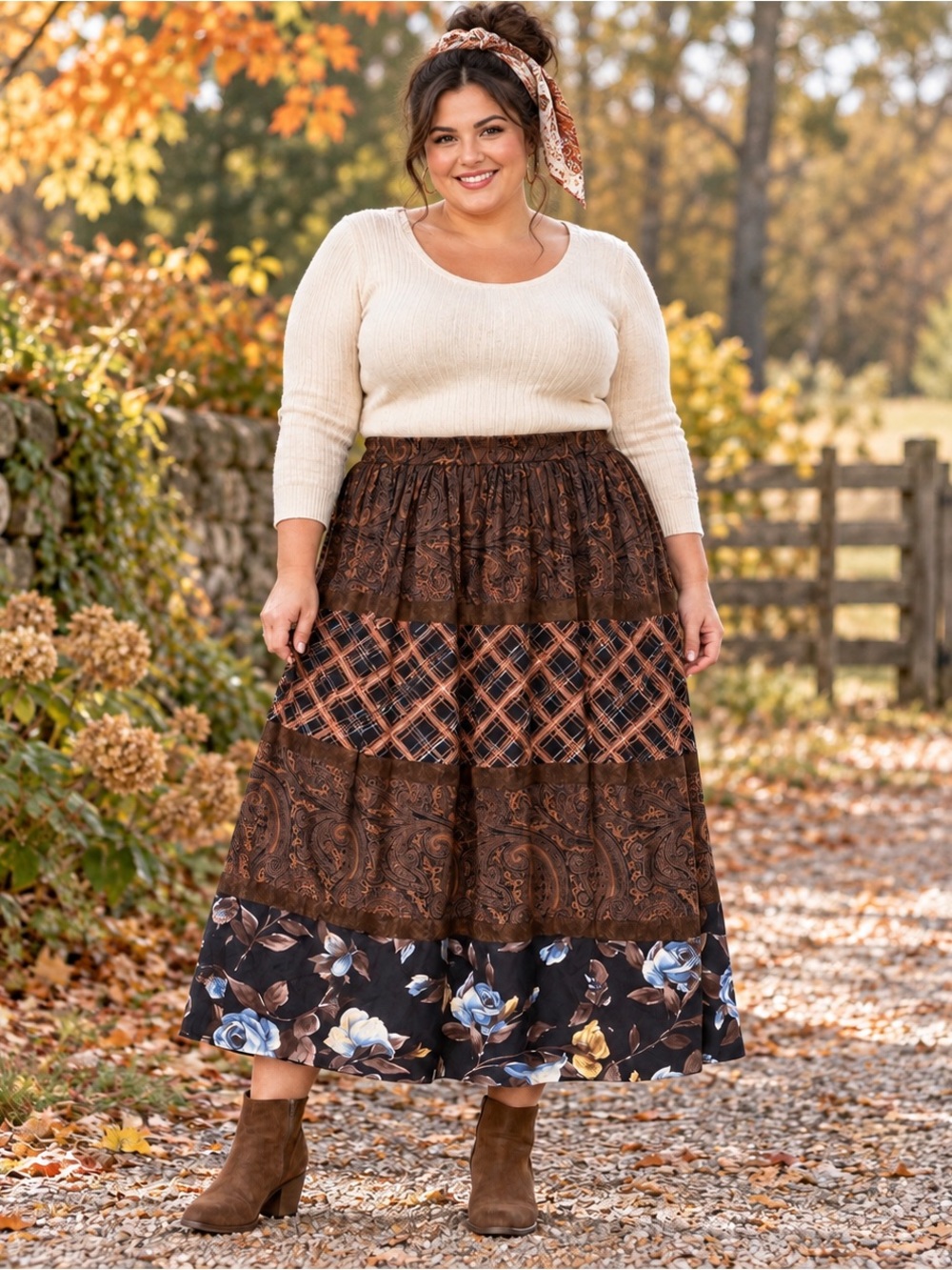 Stonebridge Skirt Womens 3X Brown Paisley Floral Patchwork Print Rayon Boho 35”